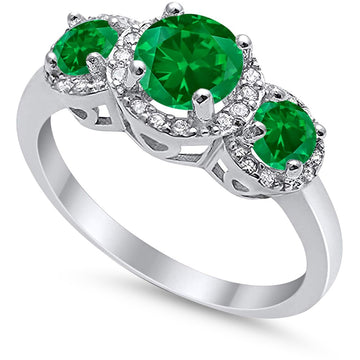 Three Stone Simulated Green Emerald CZ Wedding Ring 925 Sterling Silver
